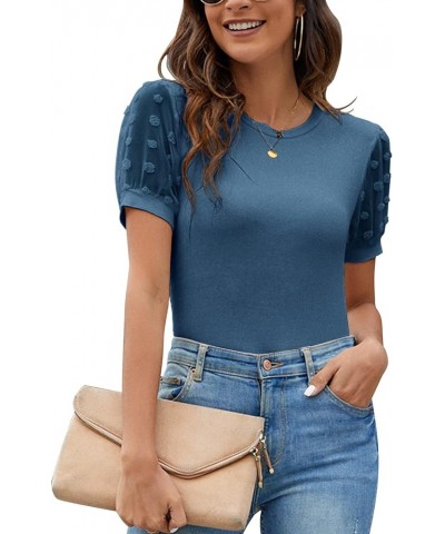 Womens Short Sleeve Blouse Business Casual Dressy Tops Ribbed Summer Stylish Work Shirts Marine Blue $15.26 Blouses