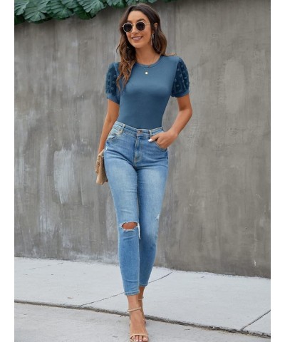 Womens Short Sleeve Blouse Business Casual Dressy Tops Ribbed Summer Stylish Work Shirts Marine Blue $15.26 Blouses