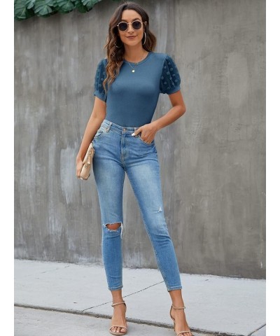 Womens Short Sleeve Blouse Business Casual Dressy Tops Ribbed Summer Stylish Work Shirts Marine Blue $15.26 Blouses