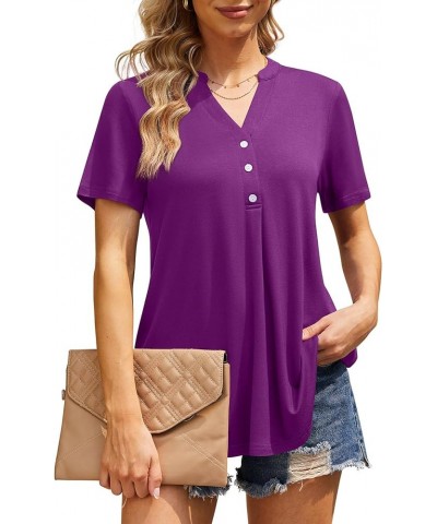 Womens Summer Tops Notch V Neck Blouses Short Sleeve Dressy Shirts Casual Tunic Purple $13.99 Tops