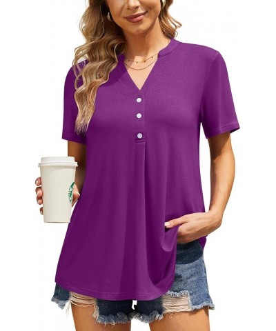 Womens Summer Tops Notch V Neck Blouses Short Sleeve Dressy Shirts Casual Tunic Purple $13.99 Tops