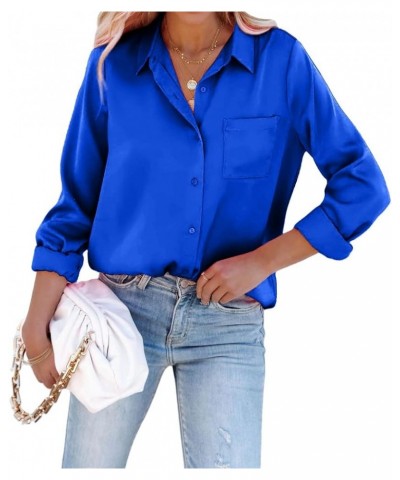Satin Button Down Shirts for Women Long Sleeve Office Slim Fit Blouses Casual Business Silk Tops with Pocket S-XXL Royal Blue...