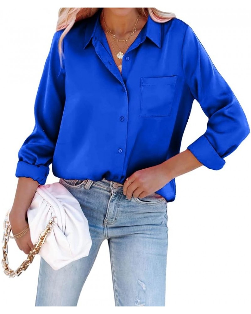 Satin Button Down Shirts for Women Long Sleeve Office Slim Fit Blouses Casual Business Silk Tops with Pocket S-XXL Royal Blue...