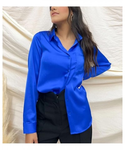 Satin Button Down Shirts for Women Long Sleeve Office Slim Fit Blouses Casual Business Silk Tops with Pocket S-XXL Royal Blue...