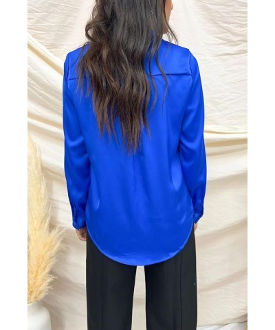 Satin Button Down Shirts for Women Long Sleeve Office Slim Fit Blouses Casual Business Silk Tops with Pocket S-XXL Royal Blue...