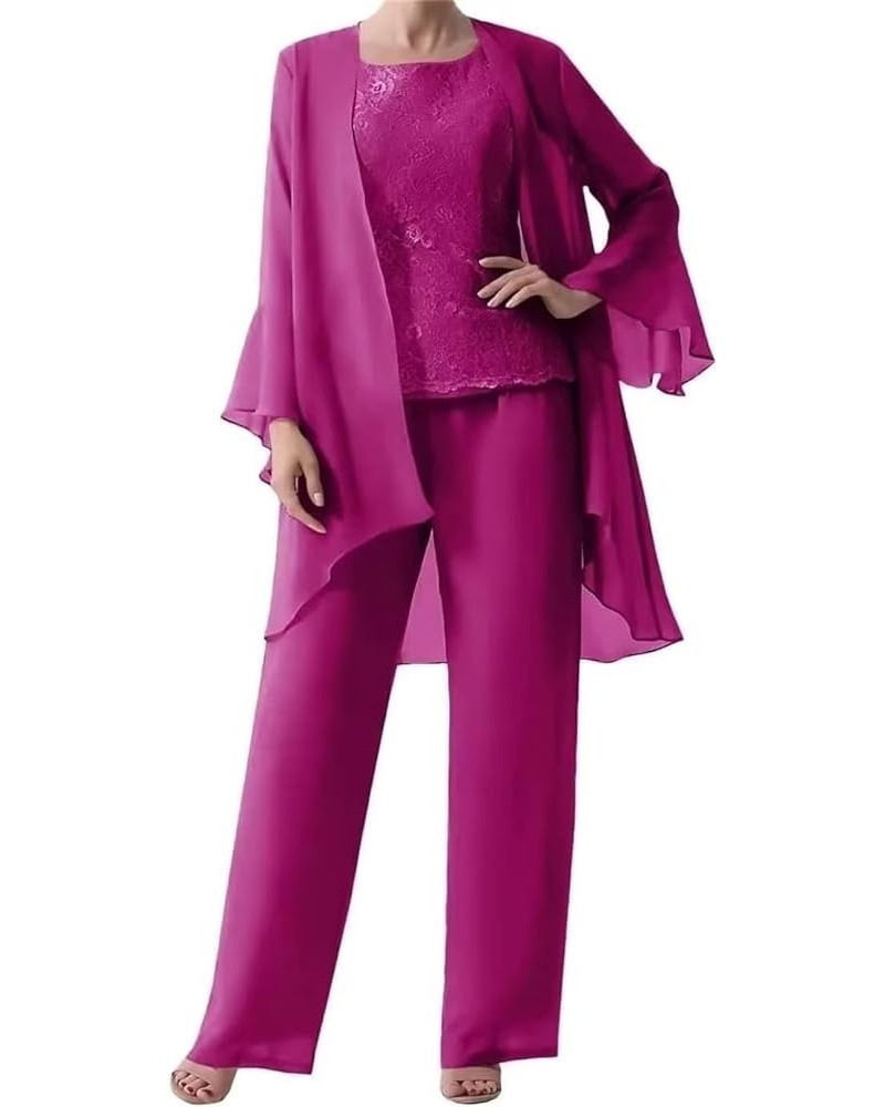 Long Sleeves Mother of The Bride Pant Suits for Wedding with Jacket 3 PCs Chiffon Lace Appliques Formal Pant Suits for Women ...