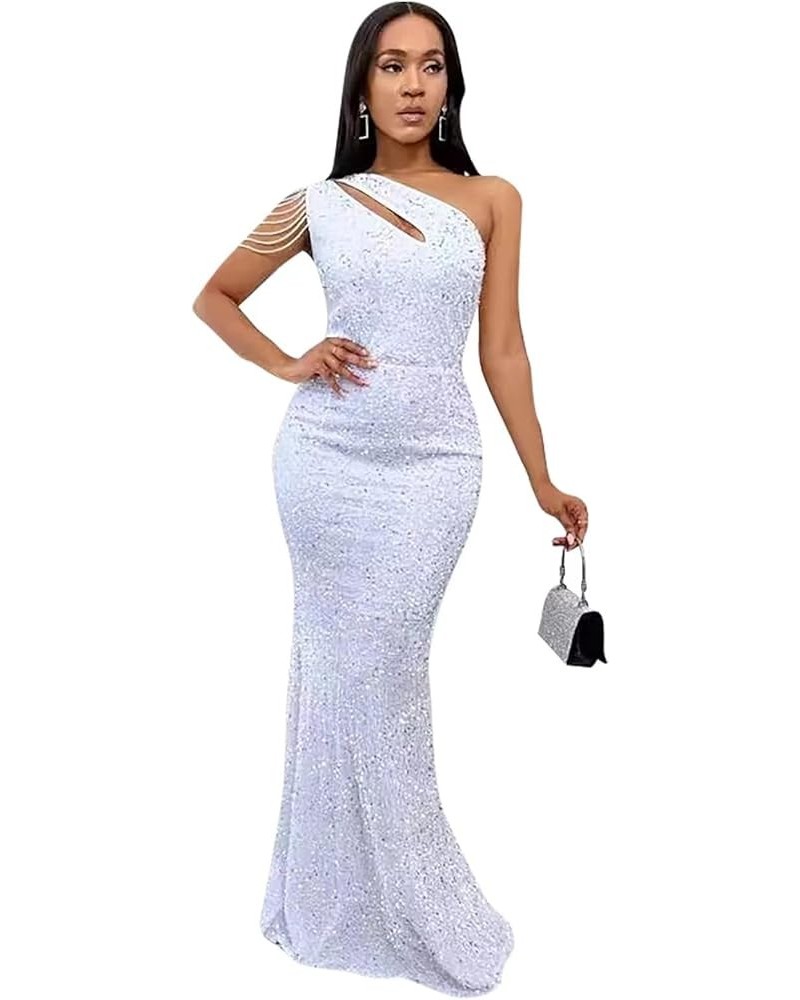 Women Sequin Elegant Sexy One Shoulder Tassel Mermaid Bodycon Cocktail Evening Dress White $26.88 Dresses