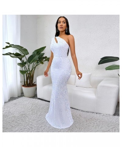 Women Sequin Elegant Sexy One Shoulder Tassel Mermaid Bodycon Cocktail Evening Dress White $26.88 Dresses