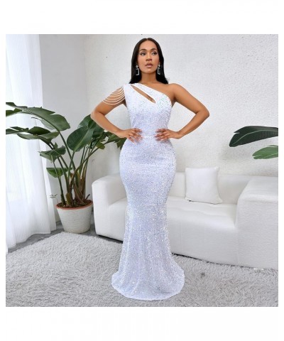 Women Sequin Elegant Sexy One Shoulder Tassel Mermaid Bodycon Cocktail Evening Dress White $26.88 Dresses