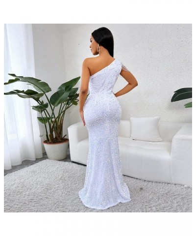 Women Sequin Elegant Sexy One Shoulder Tassel Mermaid Bodycon Cocktail Evening Dress White $26.88 Dresses