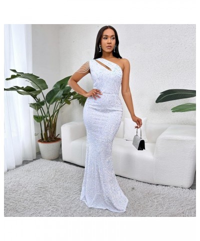 Women Sequin Elegant Sexy One Shoulder Tassel Mermaid Bodycon Cocktail Evening Dress White $26.88 Dresses