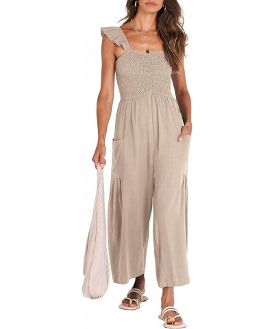 Women Summer Casual Dressy Sleeveless Smocked Wide Leg Linen Jumpsuits Rompers Outfits with Pockets Apricot $15.75 Jumpsuits