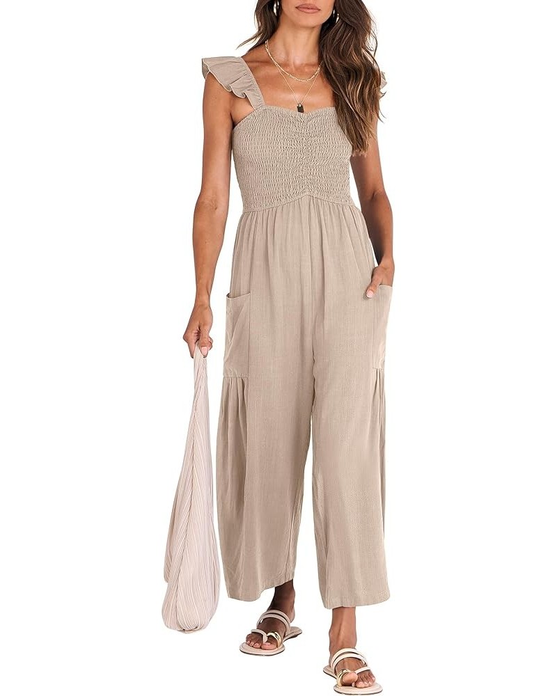 Women Summer Casual Dressy Sleeveless Smocked Wide Leg Linen Jumpsuits Rompers Outfits with Pockets Apricot $15.75 Jumpsuits