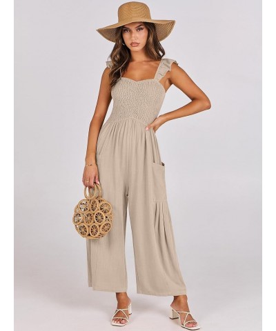 Women Summer Casual Dressy Sleeveless Smocked Wide Leg Linen Jumpsuits Rompers Outfits with Pockets Apricot $15.75 Jumpsuits