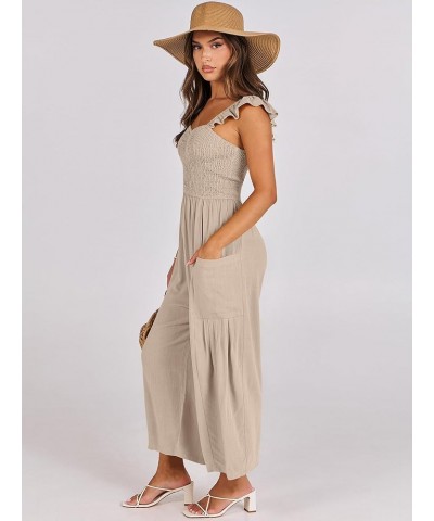 Women Summer Casual Dressy Sleeveless Smocked Wide Leg Linen Jumpsuits Rompers Outfits with Pockets Apricot $15.75 Jumpsuits