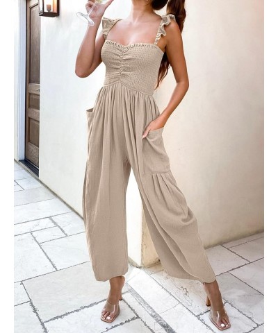 Women Summer Casual Dressy Sleeveless Smocked Wide Leg Linen Jumpsuits Rompers Outfits with Pockets Apricot $15.75 Jumpsuits