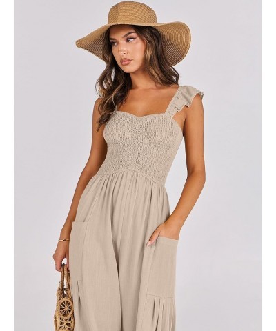 Women Summer Casual Dressy Sleeveless Smocked Wide Leg Linen Jumpsuits Rompers Outfits with Pockets Apricot $15.75 Jumpsuits