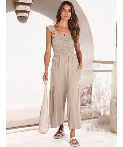 Women Summer Casual Dressy Sleeveless Smocked Wide Leg Linen Jumpsuits Rompers Outfits with Pockets Apricot $15.75 Jumpsuits