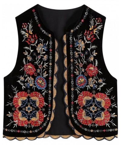 Women's Y2K Vintage Embroidered Floral Vest Top Sleeveless Open Front Cardigan Outerwear Gilet Streetwear Black $14.15 Vests