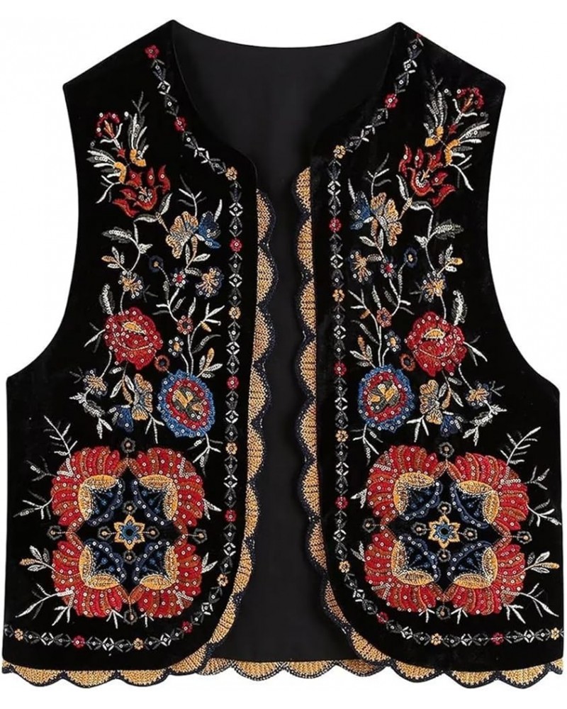 Women's Y2K Vintage Embroidered Floral Vest Top Sleeveless Open Front Cardigan Outerwear Gilet Streetwear Black $14.15 Vests