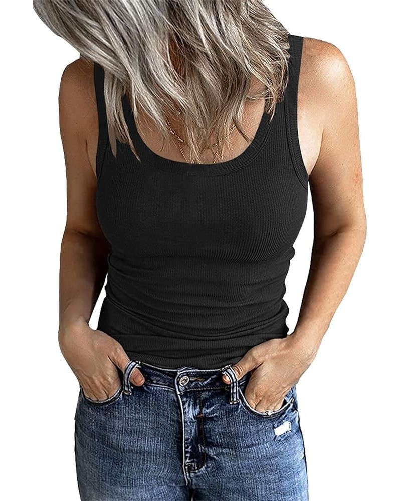 Women's Sleeveless Scoop Neck Ribbed Tank Tops Fitted Basic Cami Tee Shirts Black $11.99 Tanks