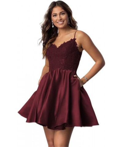 Spaghetti Straps Short Homecoming Dresses for Juniors Lace V Neck Cocktail Party Dresses with Pockets YZTS070 Burgundy $29.28...