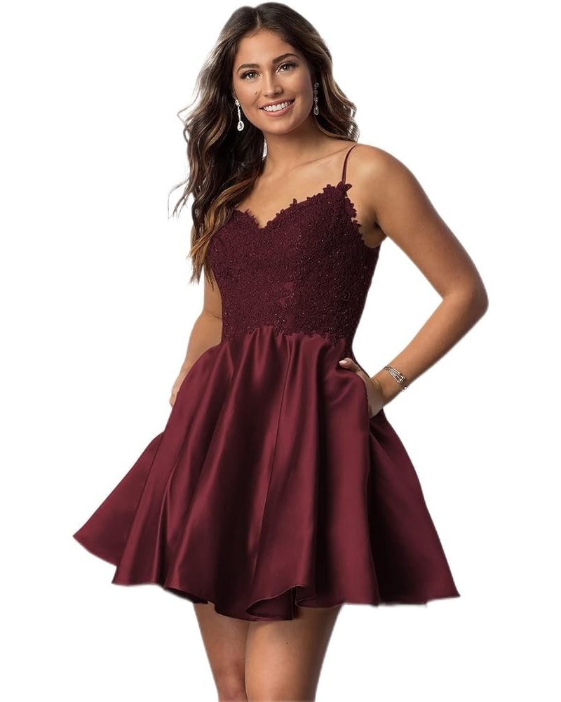 Spaghetti Straps Short Homecoming Dresses for Juniors Lace V Neck Cocktail Party Dresses with Pockets YZTS070 Burgundy $29.28...