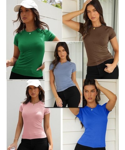 Womens Basic Short Sleeve Crewneck T Shirt Raglan Ribbed Knitted Slim Fit Casual Going Out Tops Royal Blue $10.59 T-Shirts