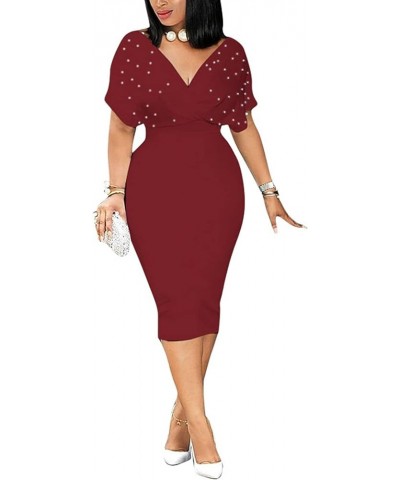 Women Elegant Pearls Deep V Neck Wrap Bodycon Dress Back Zipper Pencil Midi Dress Red $12.40 Dresses