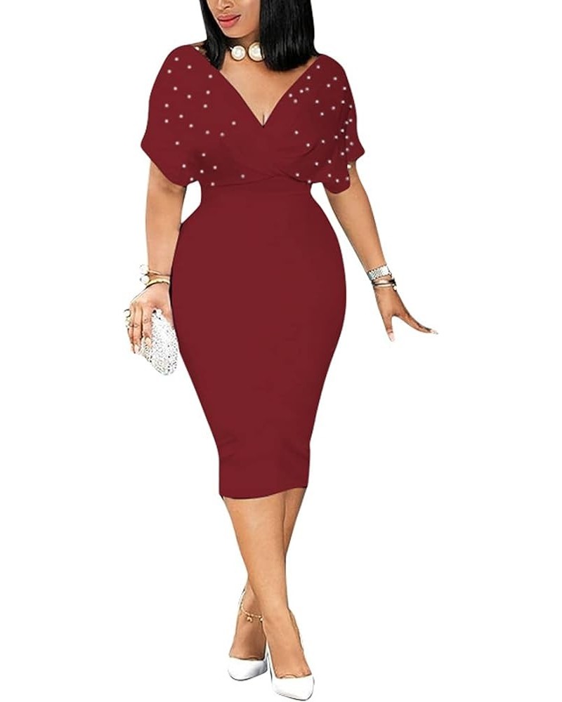 Women Elegant Pearls Deep V Neck Wrap Bodycon Dress Back Zipper Pencil Midi Dress Red $12.40 Dresses