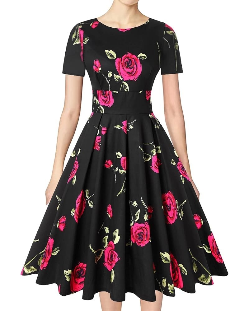 Women's 1950s Retro Vintage Rockabilly Short Sleeve Cocktail Party Swing Dress Floral Black Pink Rose $22.32 Dresses