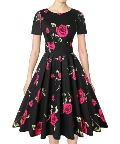 Women's 1950s Retro Vintage Rockabilly Short Sleeve Cocktail Party Swing Dress Floral Black Pink Rose $22.32 Dresses