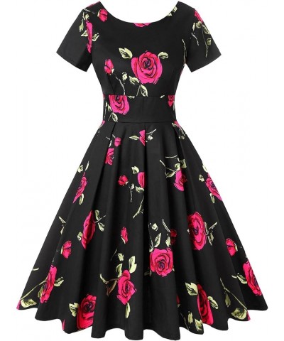 Women's 1950s Retro Vintage Rockabilly Short Sleeve Cocktail Party Swing Dress Floral Black Pink Rose $22.32 Dresses