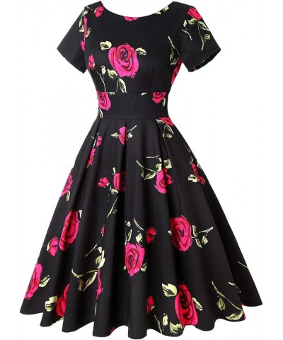 Women's 1950s Retro Vintage Rockabilly Short Sleeve Cocktail Party Swing Dress Floral Black Pink Rose $22.32 Dresses