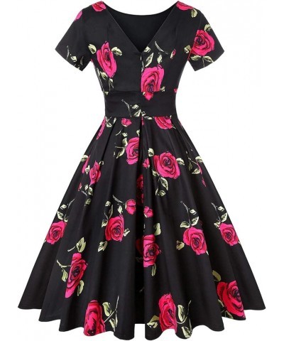 Women's 1950s Retro Vintage Rockabilly Short Sleeve Cocktail Party Swing Dress Floral Black Pink Rose $22.32 Dresses