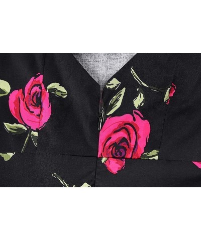 Women's 1950s Retro Vintage Rockabilly Short Sleeve Cocktail Party Swing Dress Floral Black Pink Rose $22.32 Dresses