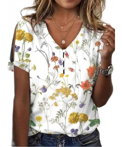 Boho Ethnic Floral Short Sleeve Tunic Shirts for Women Summer Dressy Casual Cold Shoulder Button Blouse Top C-bobo10 $17.49 B...