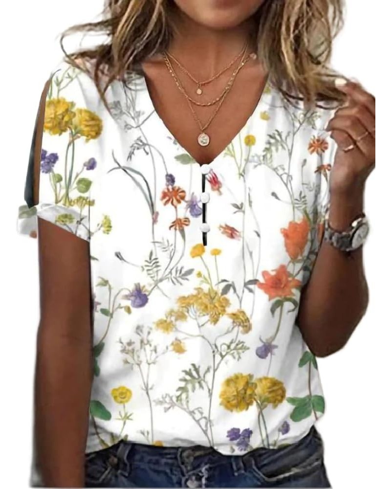 Boho Ethnic Floral Short Sleeve Tunic Shirts for Women Summer Dressy Casual Cold Shoulder Button Blouse Top C-bobo10 $17.49 B...