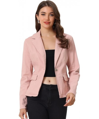 Women's Notched Lapel One Button Long Sleeve Business Washed Denim Blazer Pink $24.19 Blazers
