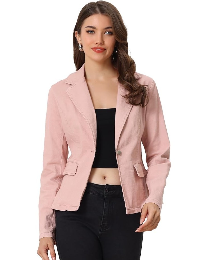 Women's Notched Lapel One Button Long Sleeve Business Washed Denim Blazer Pink $24.19 Blazers