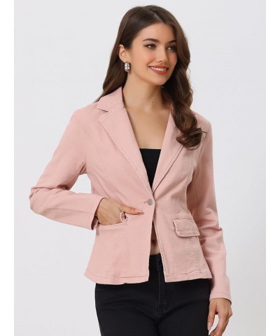 Women's Notched Lapel One Button Long Sleeve Business Washed Denim Blazer Pink $24.19 Blazers