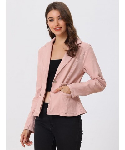 Women's Notched Lapel One Button Long Sleeve Business Washed Denim Blazer Pink $24.19 Blazers