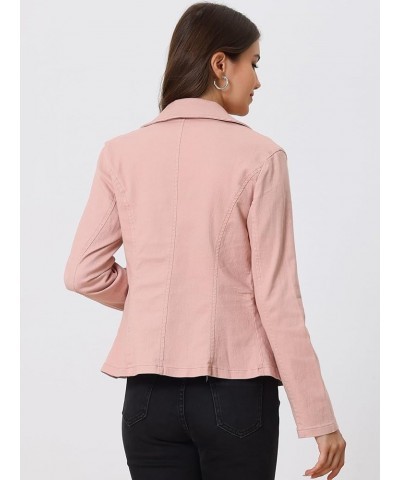 Women's Notched Lapel One Button Long Sleeve Business Washed Denim Blazer Pink $24.19 Blazers