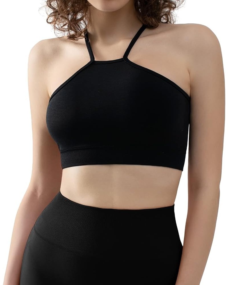 Sports Bras for Women High Neck Low Impact Seamless Workout Yoga Gym Crop Top Black $16.73 Lingerie