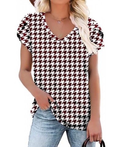 Womens Tops Summer T Shirts Casual V Neck Petal Sleeve Blouses Shirt Houndstooth White $11.50 T-Shirts