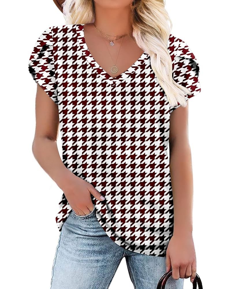 Womens Tops Summer T Shirts Casual V Neck Petal Sleeve Blouses Shirt Houndstooth White $11.50 T-Shirts