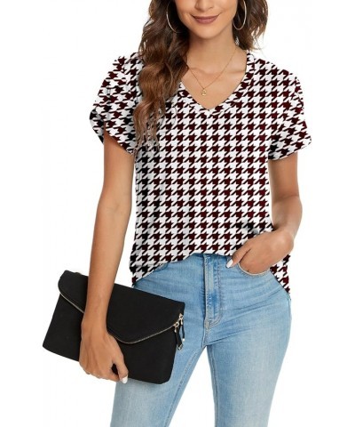 Womens Tops Summer T Shirts Casual V Neck Petal Sleeve Blouses Shirt Houndstooth White $11.50 T-Shirts