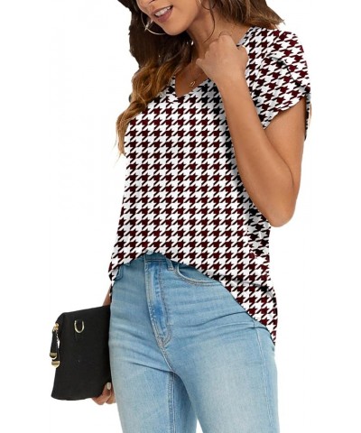 Womens Tops Summer T Shirts Casual V Neck Petal Sleeve Blouses Shirt Houndstooth White $11.50 T-Shirts