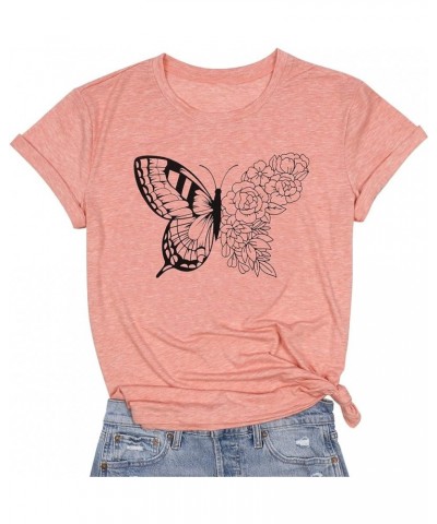 Women Butterfly Graphic T Shirt Funny Vintage Tee Shirt Summer Casual Graphic Print Crewneck T-Shirts Tops Pink $14.15 T-Shirts