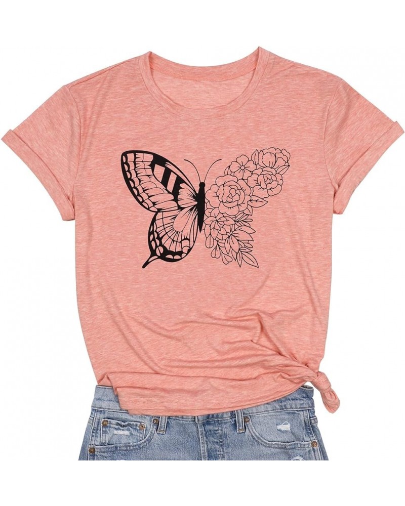 Women Butterfly Graphic T Shirt Funny Vintage Tee Shirt Summer Casual Graphic Print Crewneck T-Shirts Tops Pink $14.15 T-Shirts